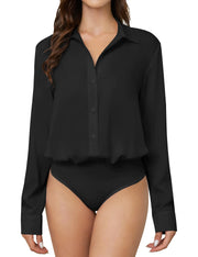 TQD Women Button Down Bodysuit Long Sleeve Collared Shirt Satin Blouse Body Suit Dressy Business Casual Office Professional