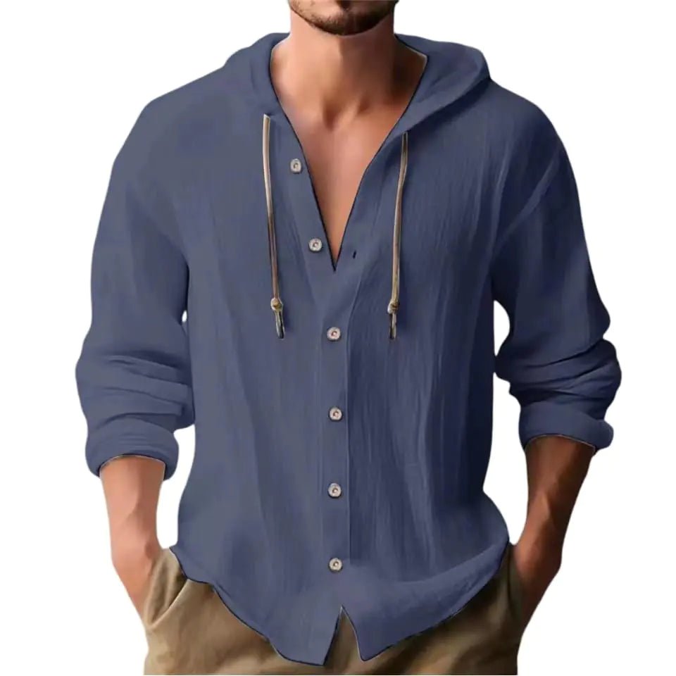 Men's Linen Shirts Beach Hoodie Navy Top - householdessential