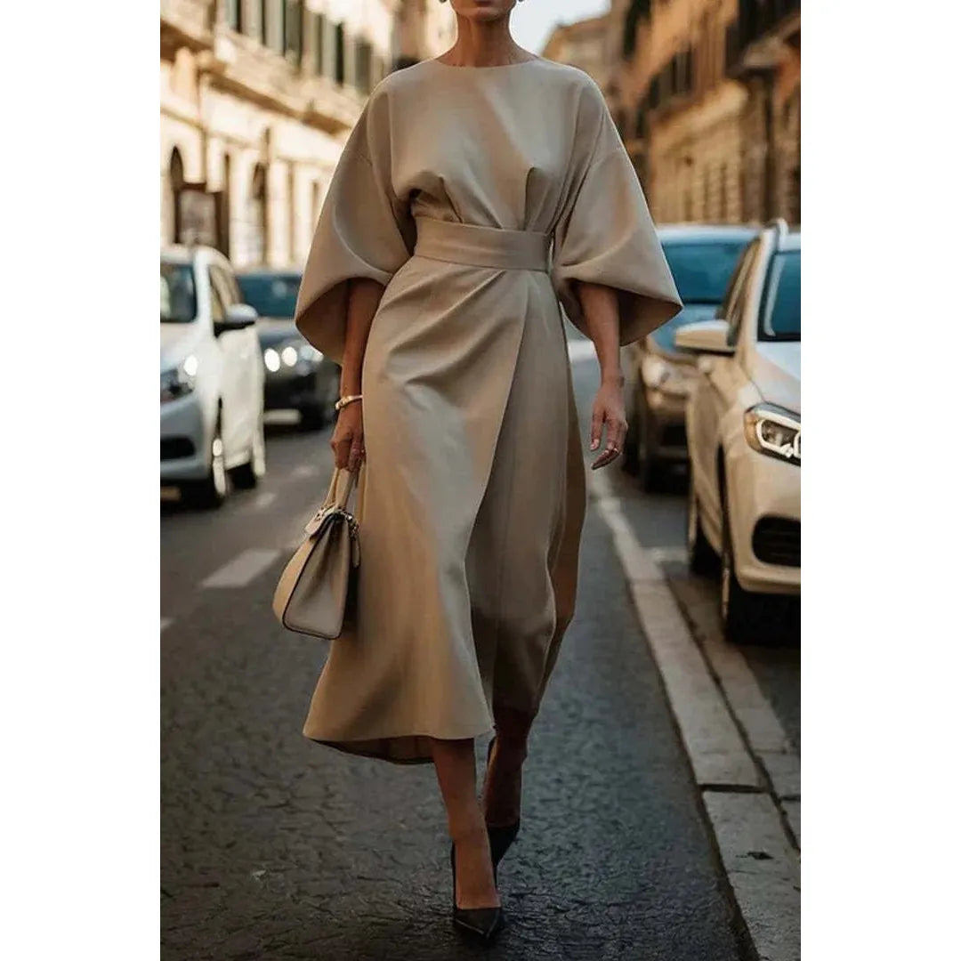 Loose Batwing Sleeve Dress Fashion Waist - tighted Solid Color Elegant Dresses For Women Clothing - householdessential