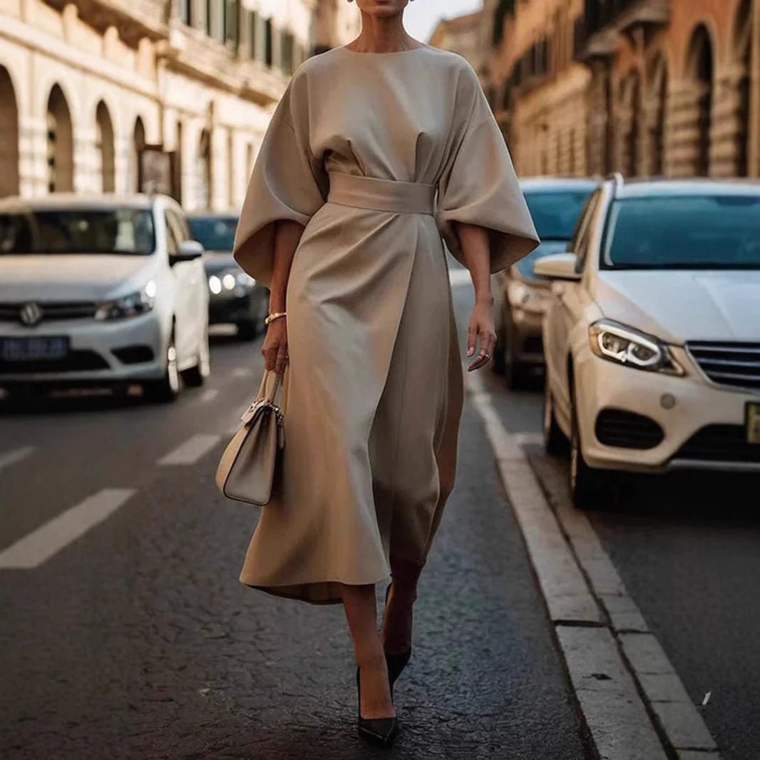 Loose Batwing Sleeve Dress Fashion Waist - tighted Solid Color Elegant Dresses For Women Clothing - householdessential