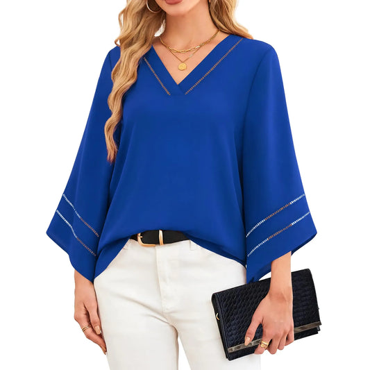 Lotusmile Womens Tops Dressy Casual Royal Blue Tops for Women Dressy Blouses for Women Evening Party Fashion Tops for Women Trendy 3/4 Sleeve Womens Fall Blouses Womens Business Casual Clothing - householdessential