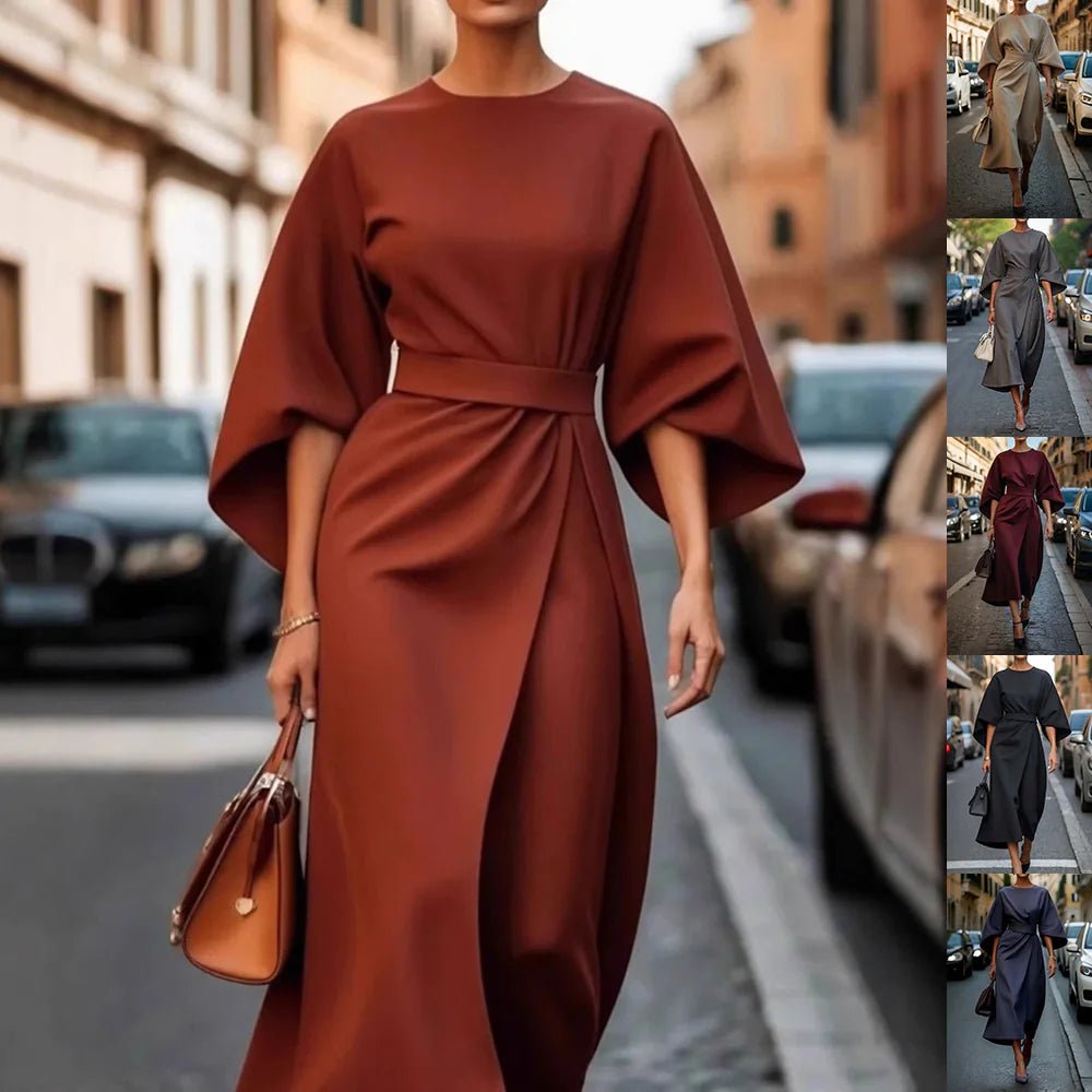 Loose Batwing Sleeve Dress Fashion Waist - tighted Solid Color Elegant Dresses For Women Clothing - householdessential