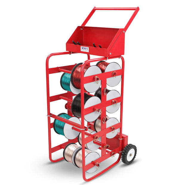 BISupply Electrical Wire Spool Rack - 11 Axle Portable Bulk Cable Reel - 150lb Capacity Wire Caddy Dolly Cart with Storage Tray